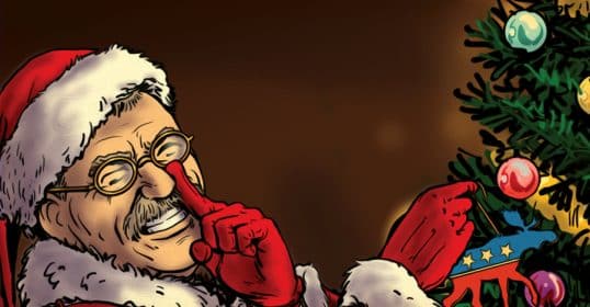 An illustrated Santa Claus placing an ornament on a Christmas tree while smiling, showing how to celebrate Christmas.