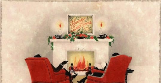 An illustrated holiday greeting card featuring foxes in red armchairs around a fireplace, capturing the Art of Manliness.