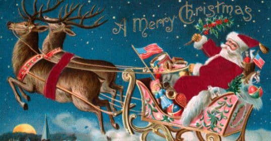 Vintage illustration of Santa Claus in a sleigh pulled by reindeer with the words 