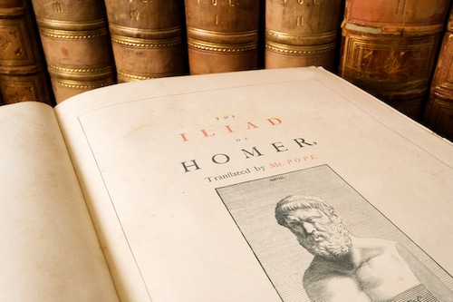 Open copy of "Why Homer Matters" with a bust illustration and antique books in the background.