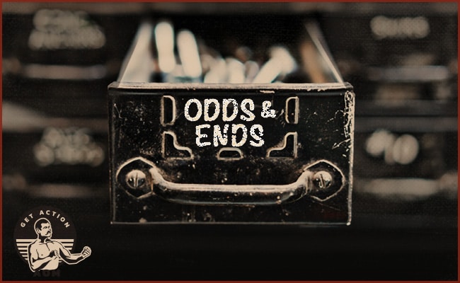 A vintage metal box labeled "Odds & Ends" with a blurred background, photographed on April 14, 2023.