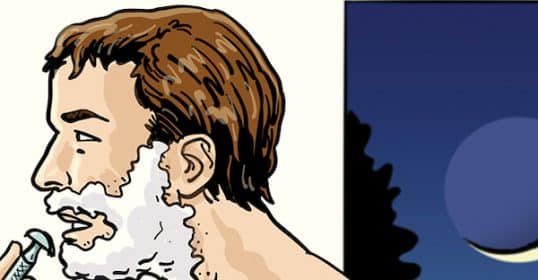 Man deciding whether to shave at night or morning with a razor.