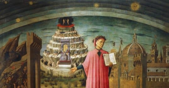 Renaissance painting depicting Dante's Guide holding his epic poem