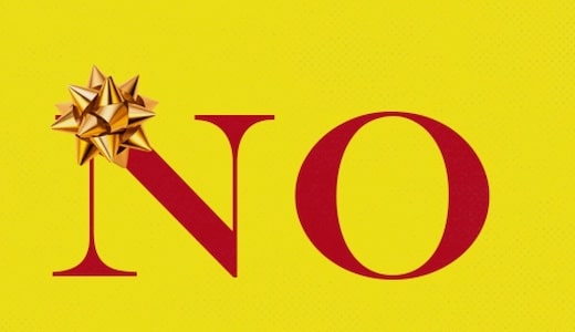 Red letters "no" on a yellow background with a golden bow, symbolizing the gift of no for Sunday Firesides.