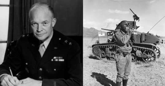 Left: a portrait of a military officer in uniform at a desk. Right: an operator operates a radio near a combat vehicle.