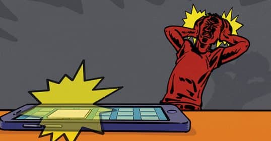 An illustration of a person frustrated or startled by a loud noise coming from a smartphone during Sunday Firesides.