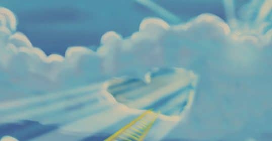 A stylized painting of a ladder extending up into a bright, cloud-filled sky on Sunday Firesides.