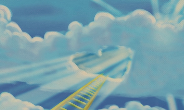 A stylized painting of a ladder extending up into a bright, cloud-filled sky on Sunday Firesides.