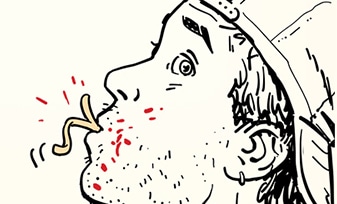 A cartoon of a person coughing up small red dots, possibly indicating illness or discomfort, looking like a putz.