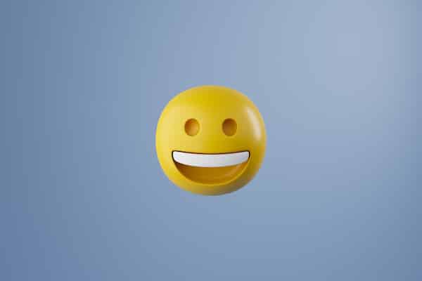 A smiley face emoji floating against a plain blue background, symbolizing the "Happiness Trap.