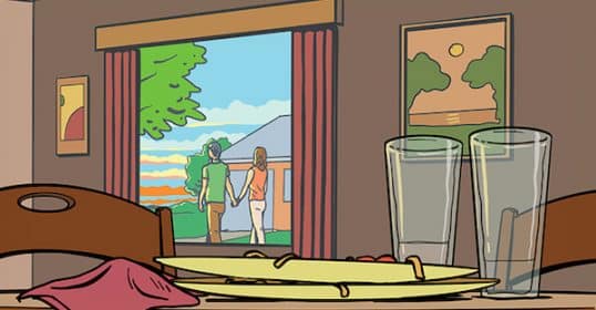 A couple holding hands looks out the window at the sunset, seen from an indoor perspective with an unfinished meal on the table, contemplating a restorative after-dinner walk.