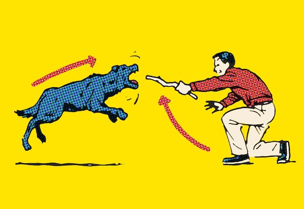 An illustration of a person crouching and reaching out to a leaping, digitally patterned dog against a yellow background, demonstrating the Skill of the Week: Dog Attack Survival.