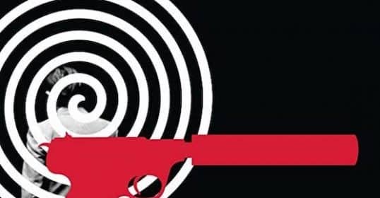Red silhouette of a handgun against a black and white spiral background, evoking WWII secret warfare.