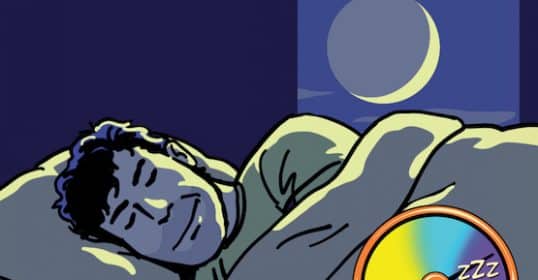 A person sleeping soundly in bed at night with a moon visible in the background, illustrated by a sleep pressure meter indicating deep sleep.