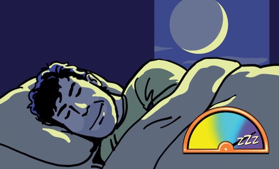 A person sleeping soundly in bed at night with a moon visible in the background, illustrated by a sleep pressure meter indicating deep sleep.