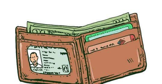 Illustration of what to carry in your open wallet, including cash, cards, and an ID.