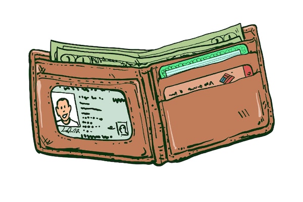 Illustration of what to carry in your open wallet, including cash, cards, and an ID.