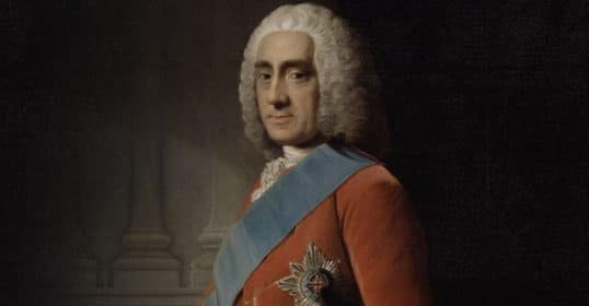 A portrait of Lord Chesterfield, in historical dress featuring a red jacket with blue sash and white star decoration, advice to his son.