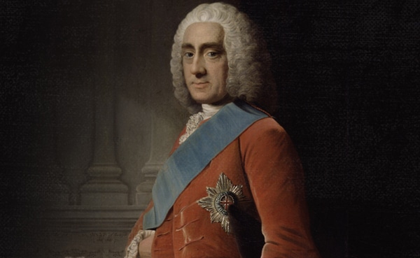 A portrait of Lord Chesterfield, in historical dress featuring a red jacket with blue sash and white star decoration, advice to his son.