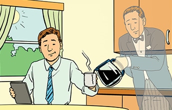 A butler pouring coffee for a smiling businessman at a table.