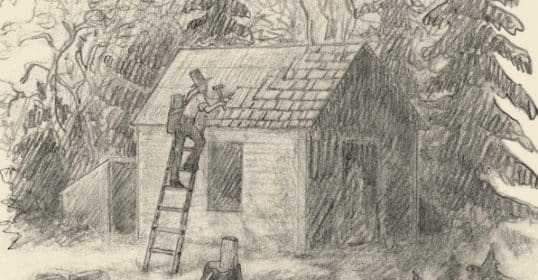 Man repairing a roof on a small structure amidst trees, inspired by Thoreau's philosophy on making a living.