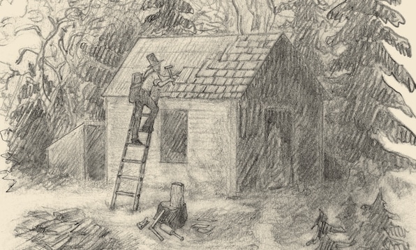 Man repairing a roof on a small structure amidst trees, inspired by Thoreau's philosophy on making a living.