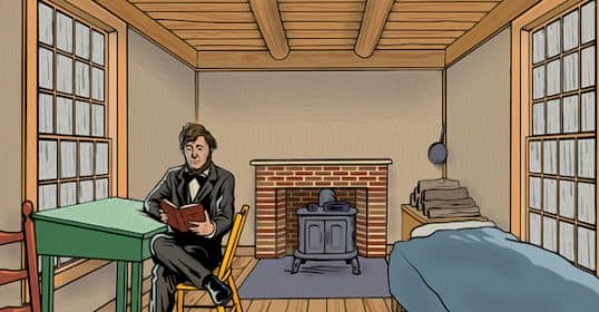 Man reading books in a simply furnished room with a wooden table, bed, and wood stove, occasionally pausing to ponder Thoreau quotes.