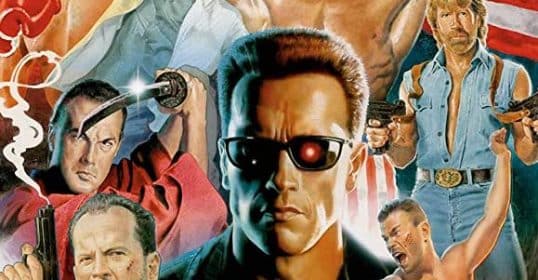 A collage of various action movie characters from the Golden Age of Action Heroes.
