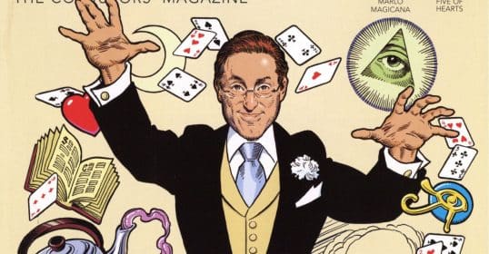 Illustration of a magician, becoming more commanding, performing with cards, objects, and symbols floating around him.