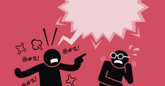 Cartoon of two people from Podcast 906, one yelling with a speech bubble filled with symbols, while the other covers their ears in distress against a red background.
