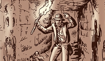 An adventurer skillfully holding a DIY torch while navigating through a narrow cave or corridor.