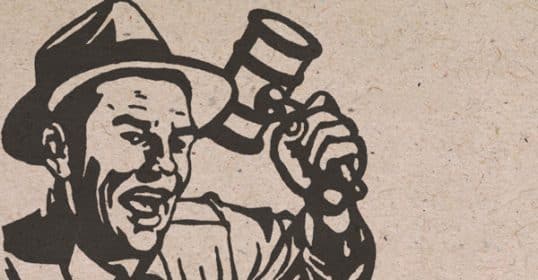 Illustration of a man in a hat holding a magnifying glass at his first time auction.