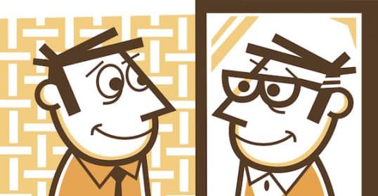 Illustration of a man admiring the success of his future self in a mirror.