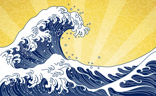 Illustration of a stylized blue wave with decorative Japanese patterns on a yellow background.