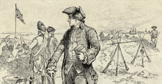 Historical illustration depicting an 18th-century military encampment with Loyalist soldiers in period uniforms.