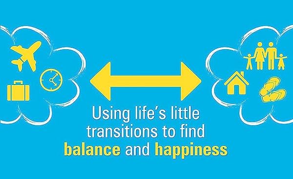 Illustration depicting work-life balance concept with symbols representing work and family connected by a bidirectional arrow and the phrase "Master microtransitions to find balance and happiness.