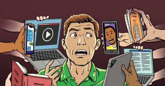 Man overwhelmed by multiple forms of media and information, unsure how to know what advice to follow.