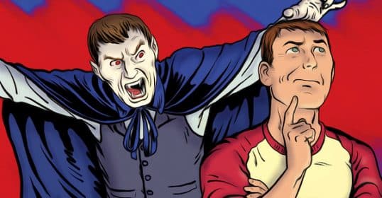 A cartoon illustration of a pensive man seemingly unaware of a comical vampire problem looming behind him.