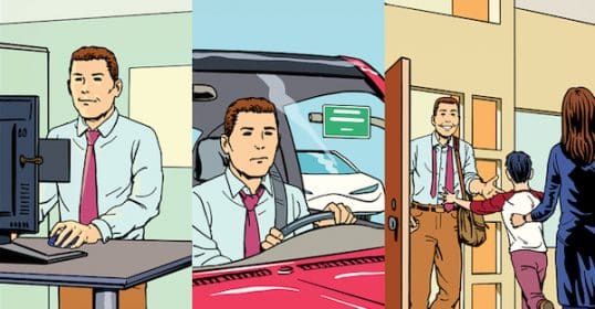 Illustration of a man's daily routine: working at the office, driving with microtransition moments, and spending time with family.