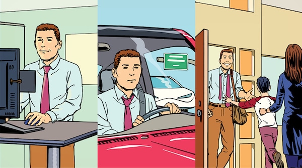 Illustration of a man's daily routine: working at the office, driving with microtransition moments, and spending time with family.