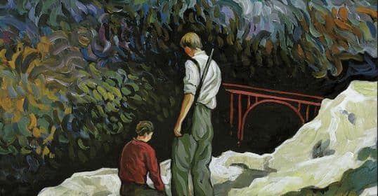 Two people stand by a rocky stream, looking at a red bridge amidst lush greenery, depicted in a vivid, impressionistic style inspired by 