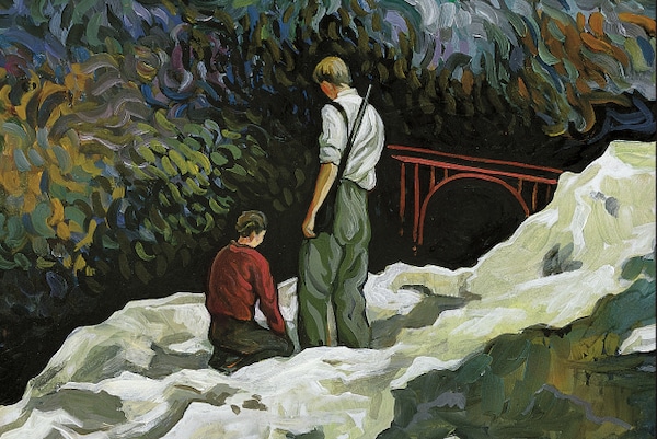 Two people stand by a rocky stream, looking at a red bridge amidst lush greenery, depicted in a vivid, impressionistic style inspired by "For Whom the Bell Tolls.