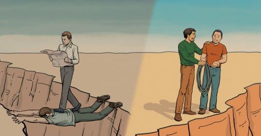 Two individuals on a cliff's edge prepare to treat people with a rope while another person reads a map, unaware of the impending danger.