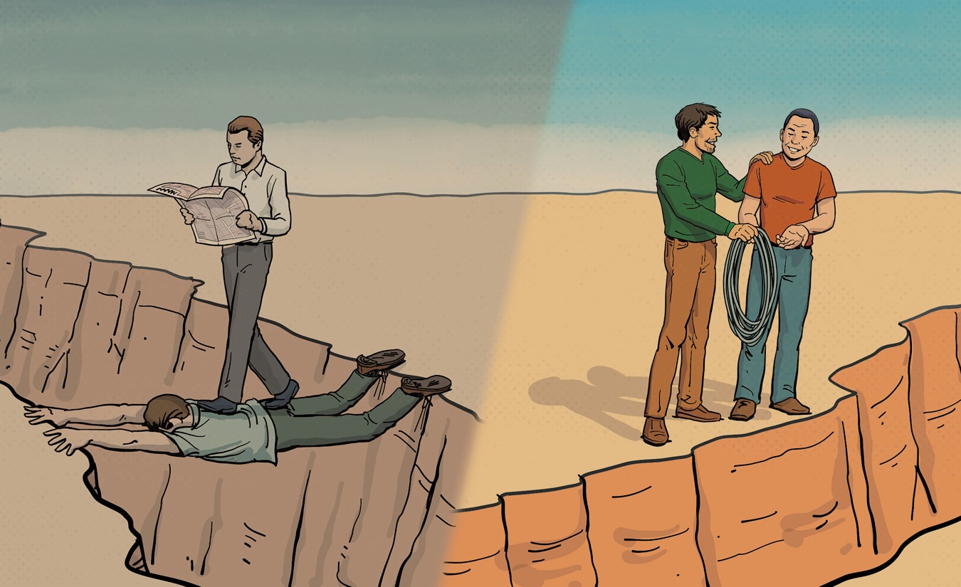 Two individuals on a cliff's edge prepare to treat people with a rope while another person reads a map, unaware of the impending danger.