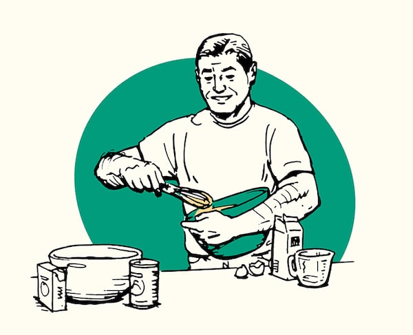 A man skillfully cooking, pouring ingredients from a jar into a bowl with kitchen utensils nearby, preparing to make perfect pancakes.