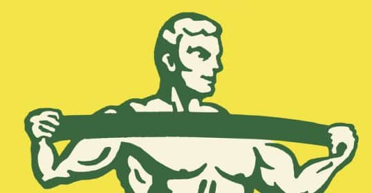 Illustration of a muscular figure opening his shirt on a yellow background, showcasing how to develop rugged flexibility.