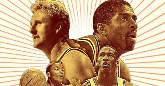 Four basketball players with a retro design and radiant background lines commemorate the greatest NBA season.