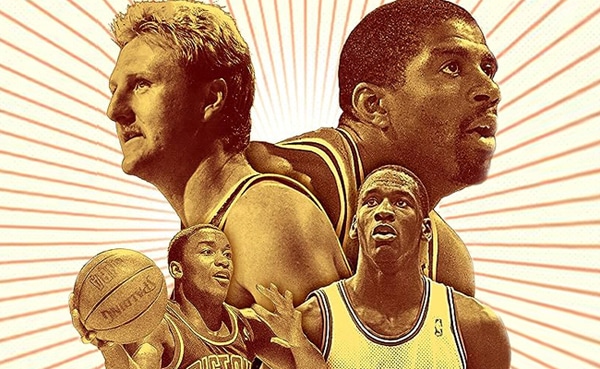 Four basketball players with a retro design and radiant background lines commemorate the greatest NBA season.