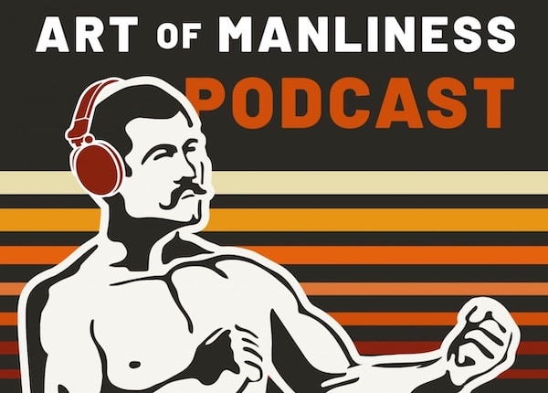 Illustration of a shirtless man wearing headphones with text "AoM Podcast: Time Management.