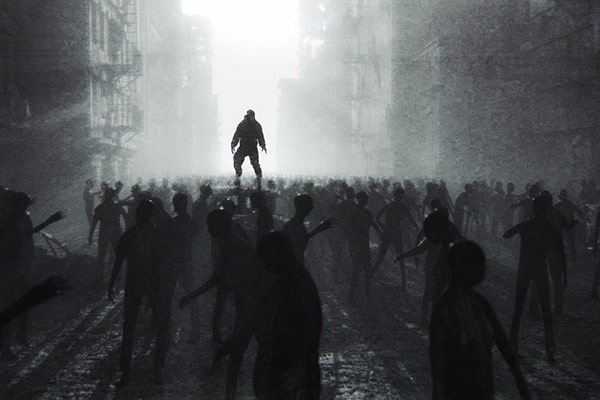 A lone figure stands elevated above a crowd shrouded in mist and uncertainty on a city street.